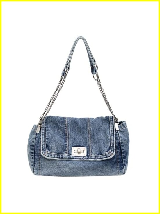 Handbags - Large Denim Tote Bag for Women Crossbody Shoulder Turn-Lock Closure